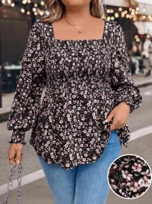 SHEIN LUNE Plus Size Square Neckline Long Sleeve Floral All-Over Print Top, Casual Everyday Wear - Multicolor - View 1