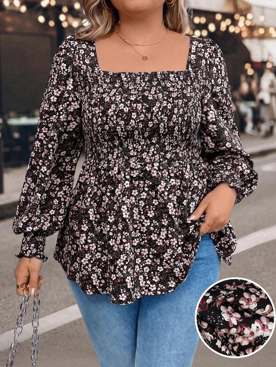 SHEIN LUNE Plus Size Square Neckline Long Sleeve Floral All-Over Print Top, Casual Everyday Wear - Multicolor - View 1