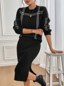 SHEIN Clasi Bộ đồ len dệt kim hai mảnh thanh lịch hàng ngày màu đen dành cho nữ, trang phục công sở, váy dự tiệc cưới mùa thu, - Đen và trắng - Xem 6