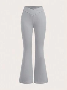 SHEIN EZwear 2pcs Women High Waist Criss-Cross Design Black & Grey Leggings, Casual Fitted Warm Fleece Pants Set For Autumn/Winter