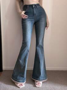 DAZY Plush Patchwork Flared Jeans For Women Fall,Winter - Blue - View 10