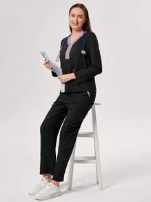 TaskEZ Scrubs Scrub Uniform Set, Contrast Color Patchwork Long Sleeve Top And Pants