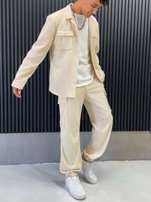 Manfinity Homme 2 件套男士纯色立领长袖单排扣工装夹克和裤子套装，秋季 - 米色 - 查看 4