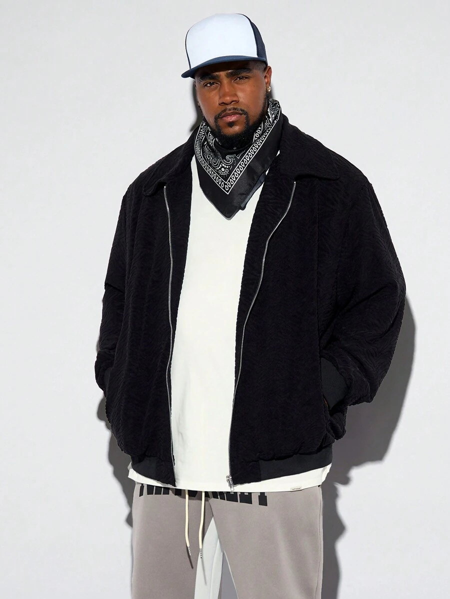 Manfinity VCAY Plus Size Men's Loose Fit Fuzzy Jacket, Lightweight Jacket Street Wear Long Sleeve Lightweight Jacket, For Friends, Husband, Boyfriend Gifts, For Fall Winter - Black - View 1