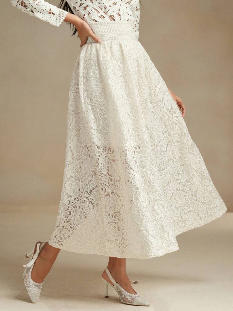 Women High Waist Floral Lace Jacquard Sheer Layered Skirt, Elegant Design