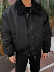 DAZY 男式纯色前拉链长袖毛绒拼接休闲夹克秋冬