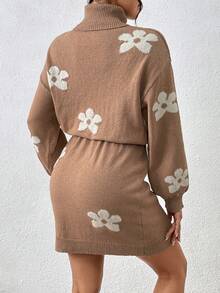 Chiquease Vestido de malha com estampa floral romântica francesa e cintura alta - Caqui - Ver 2