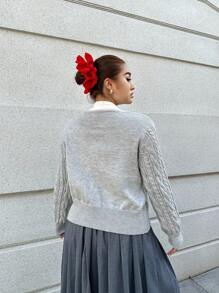 Flirla Plus Size Floral Gray Cute Embroidered Bowknot Knitted Cardigan Fall Cloth For Women