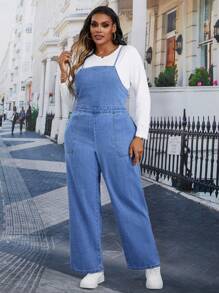 SHEIN Essnce Plus Size Casual All-Match Everyday Wear Denim Bib Pants, Spring & Autumn - Blue - View 1