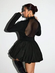 SHEIN ICON ICON Plus Size Women's Long Sleeve Bubble Dress, See Through Back Party Dress, Halloween Costume, Christmas Costume