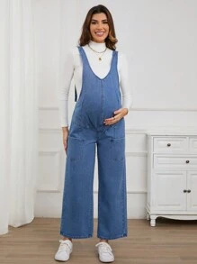 SHEIN Maternity Non-Stretch Casual Straight Leg Denim Bib Overalls