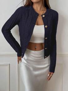 SHEIN PETITE Women Solid Color Front Button Casual Cardigan, Long Sleeve Fall Winter Cloth For Women - Navy Blue - View 3