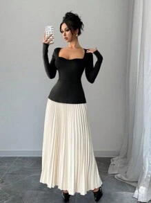 Chiquease Color Block Sweetheart Neck Ruched Waist Long Sleeve Dress For Women Maxi Women Outfit Fall Cloth For Women
