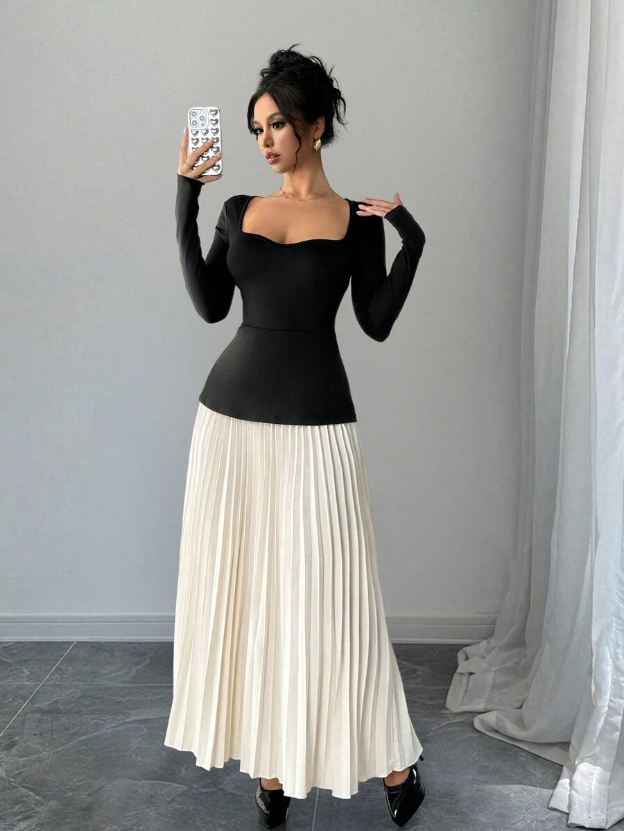 Chiquease Color Block Sweetheart Neck Ruched Waist Long Sleeve Dress For Women Maxi Women Outfit Fall Cloth For Women