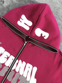 Manfinity EMRG Oversized Letter & Star Print Hooded Zip Front Long Sleeve Sweatshirt Sweatshirt - Rose Red - View 4