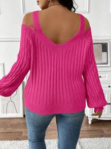 Celure 1pc Plus Size Solid Color Long Sleeve Cold Shoulder Casual Top, Daily Wear Knit Pullover Fall Winter - Hot Pink - View 3