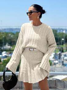 EURMUSE Pleated Skirt And Rib Pattern Sweater 2 Pcs Set - Beige - View 4