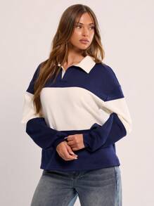 MUSERA Collared Striped Sport Jersey Sweatshirt Back To School Autumn Winter Cosy Fall  Cute Everyday Capsule Wardrobe Y2K Streetwear Office Workwear Business Casual Spring Vacation - Navy Blue - View 4