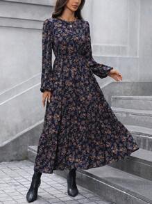 SHEIN LUNE Sukienka w kształcie litery A z falbaną w serek, rękaw dzwonkowy, wielowarstwowy dół z kwiatowym wzorem w stylu vintage, elegancka na co dzień i do pracy, jesień/zima