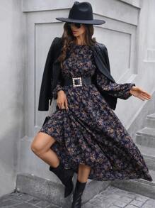 SHEIN LUNE Sukienka w kształcie litery A z falbaną w serek, rękaw dzwonkowy, wielowarstwowy dół z kwiatowym wzorem w stylu vintage, elegancka na co dzień i do pracy, jesień/zima