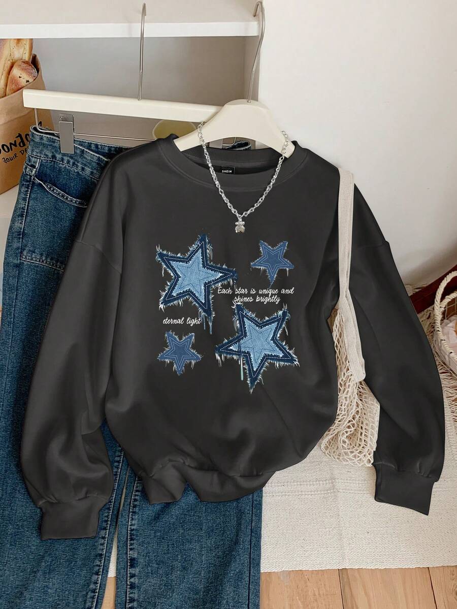 Muchica Áo hoodie dài tay cổ tròn in hình ngôi sao năm cánh đơn giản, giản dị, thoải mái, phù hợp cho mùa xuân, thu và đông - Màu xám đen - Xem 1