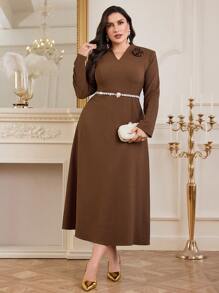 Modelyn 大码纯色 3D 花卉装饰长袖简约休闲连衣裙长款晚礼服 - 咖啡棕 - 查看 6