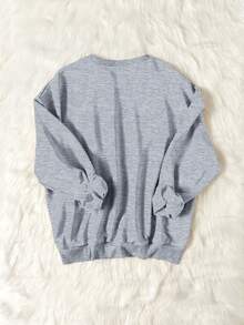 SHEIN LUNE 休闲简约方形几何花卉印花圆领宽松女式运动衫，秋冬 - 淺灰色 - 查看 2