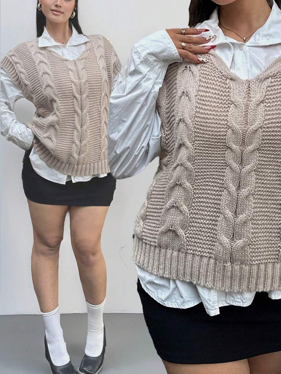 Calvaya Plus Size Solid Color Loose Knit Cardigan Vest, Casual And Versatile For Autumn/Winter - Camel - View 1