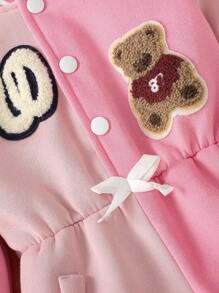 SHEIN 年轻女孩卡通刺绣羊毛半开领拼接连帽长款连体裤，时尚运动休闲装，适合外出，春秋季 - 粉色 - 查看 7