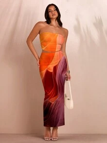 SHEIN BAE Bộ váy bó thanh lịch họa tiết nhuộm loang 2 chiếc dành cho nữ, thích hợp cho mùa hè - trái cam - Xem 6
