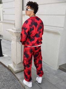 PAVTROS 2 件男士图案印花圆领长袖运动衫和扎染运动裤休闲套装，秋季 - 紅色 - 查看 2
