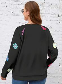 SHEIN LUNE 休闲简约花卉图案宽松圆领长袖运动衫，加大码女款，适合秋冬季 - 黑色 - 查看 4