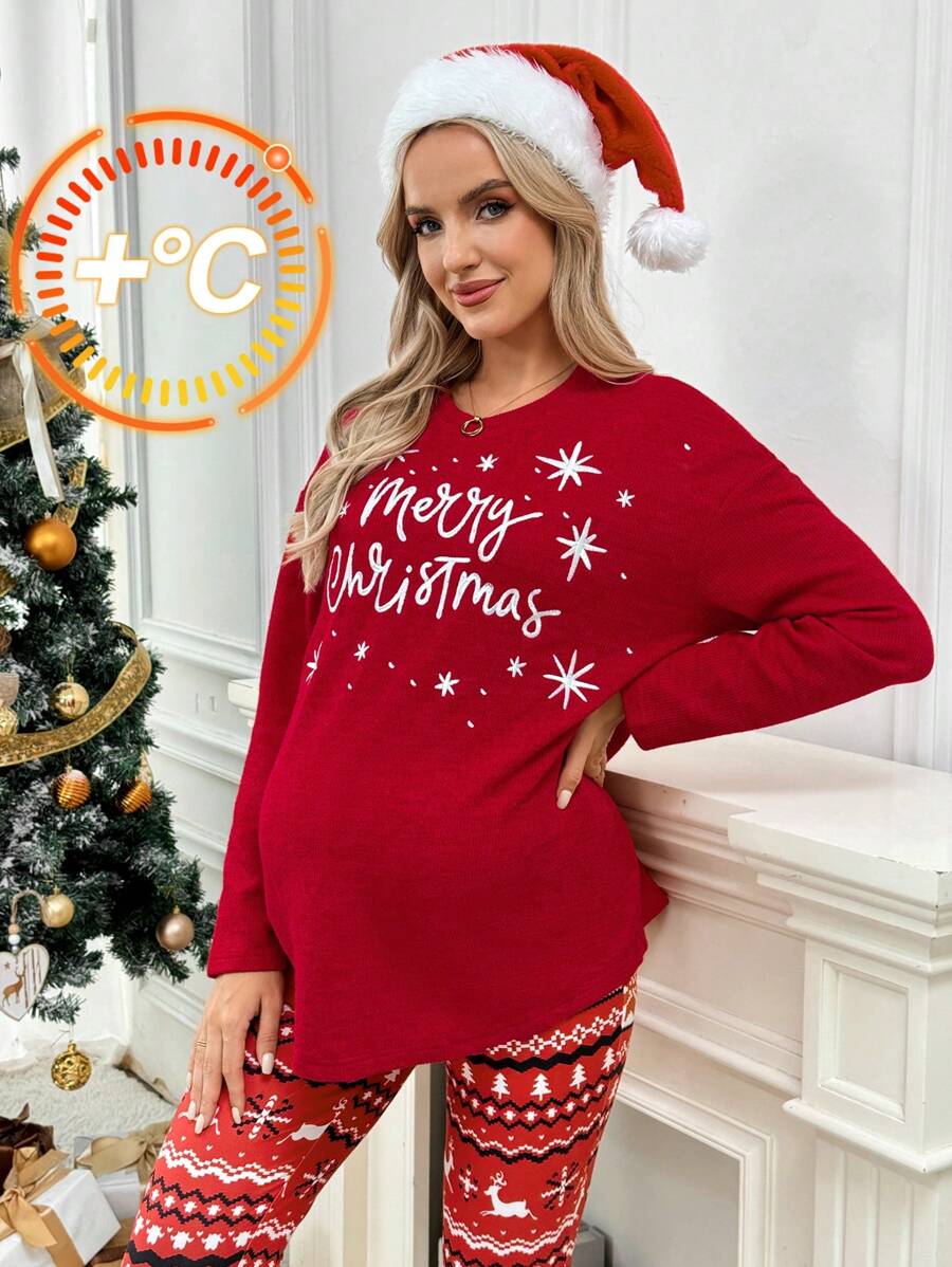 SHEIN Maternity Christmas Red Crewneck T-Shirt, For Fall Spring - Red - View 1