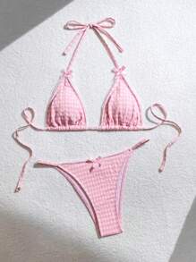 بيكيني مجموعة لنساء ذات حزام وردي شقوق طويلة رقيقة ولطيفة، مزخرف بنقوش الغنغام والكشكشة للصيف