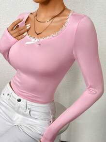 INAWLY 春季大码女式撞色蕾丝蝴蝶结装饰长袖修身T恤 - 粉色 - 查看 1