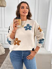 EMERY ROSE Plus Size Floral Jacquard Raglan Sleeve Sweater For Autumn And Winter