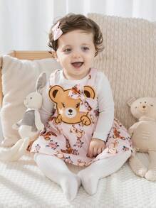 SHEIN Conjunto de 2 piezas de vestido de peto con parche de oso y top de manga larga sólido para niña bebé, primavera otoño - Rosa - Ver 3