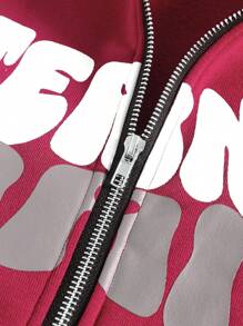 Manfinity EMRG Oversized Letter & Star Print Hooded Zip Front Long Sleeve Sweatshirt Sweatshirt - Rose Red - View 5