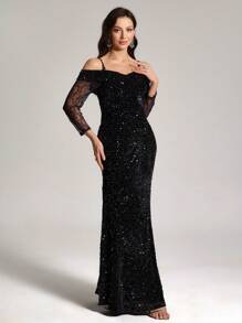 SHEIN Belle Robe élégante pour femmes avec bretelles spaghetti, ourlet en queue de poisson, paillettes. Robe de soirée formelle noire pour le bal, les invités de mariage, la remise des diplômes, le dîner