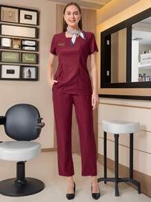 TaskEZ Burgundy Red Women Simple Badge Detail Waist Fitted Short Sleeve Top And Pants Work Uniform - Burgundy - View 1