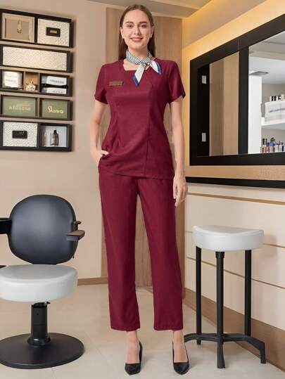 TaskEZ Burgundy Red Women Simple Badge Detail Waist Fitted Short Sleeve Top And Pants Work Uniform