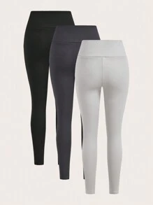 SHEIN EZwear 3 Stücke Damen Leggings mit Kreuzgurt in der Taille, Lässig, figurbetonend, thermisch gefüttert, geeignet für Herbst/Winter - Verschiedenfarbig - Übersicht 2