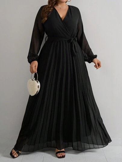 RueChic Plus storlek kvinnors V-hals plisserad fåll ballongärmar bältad chiffongklänning