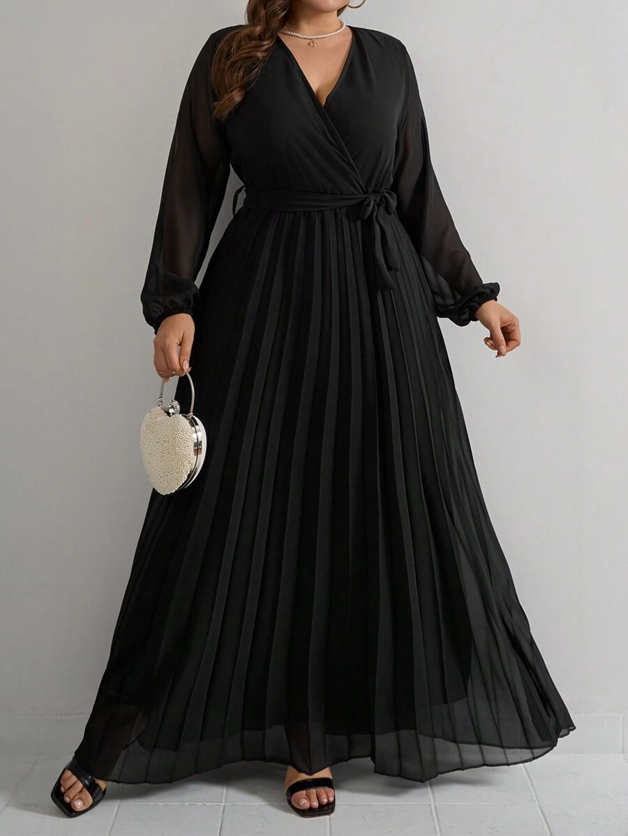 RueChic Plus Size Women's V-Neck Pleated Hem Balloon Sleeves Belted Chiffon Dress