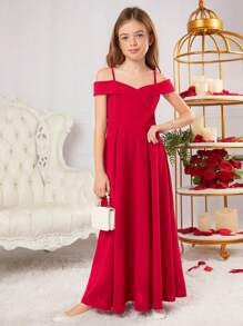SHEIN Leap Crew Váy dự tiệc không tay dây mảnh quyến rũ thanh lịch cho bé gái tuổi mới lớn, dành cho Giáng sinh - Đỏ - Xem 6