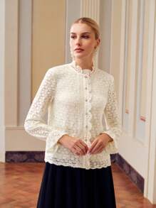 ZEYLAH LACE MOCK NECK FLARE SLEEVE BLOUSE - Apricot - View 3