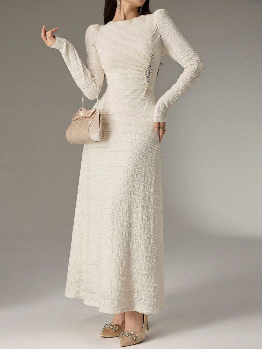 Modelyn 1 chiếc váy dài thanh lịch, tay dài, có khóa kéo phía sau, màu trơn, dành cho nữ, váy dài, váy dạ hội dài - Màu be - Xem 1