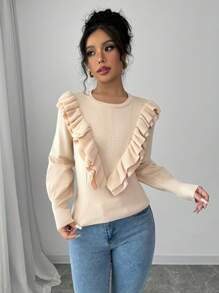 SHEIN Unity 1件女士纯色荷叶边圆领休闲套头毛衣，针织套头衫，秋冬季 - 杏色 - 查看 5