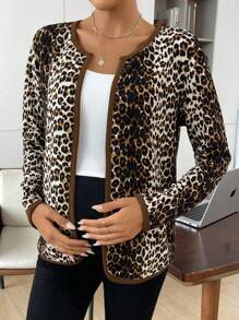 SHEIN Elegante luipaard ombre open voorkant ronde hals lange mouw jas voor zwangere vrouwen, voor zwangerschap