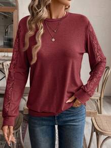 EMERY ROSE 女式纯色圆领长袖简约卫衣，休闲日常穿着，秋冬季长袖上衣 - 酒紅色 - 查看 1